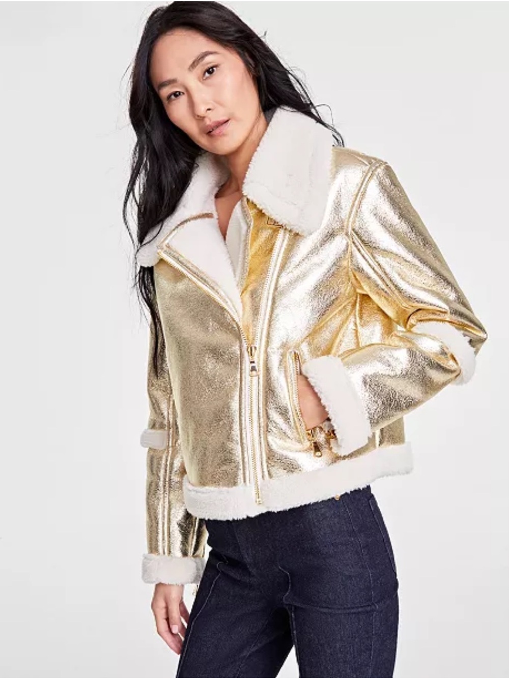 I.N.C. Women's Cropped Metallic Aviator Jacket